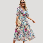 Women’s Dress Floral Midi Puff Sleeve V Neck Casual