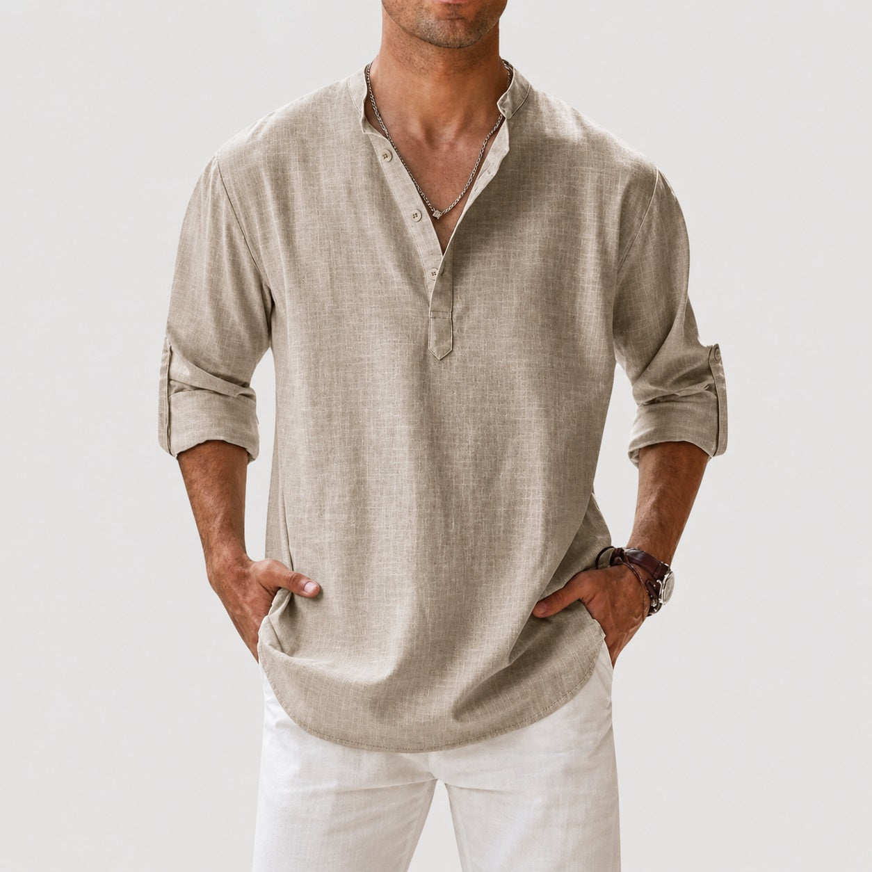 Men’s Long Sleeve Linen Shirt with Mandarin Collar Relaxed Style