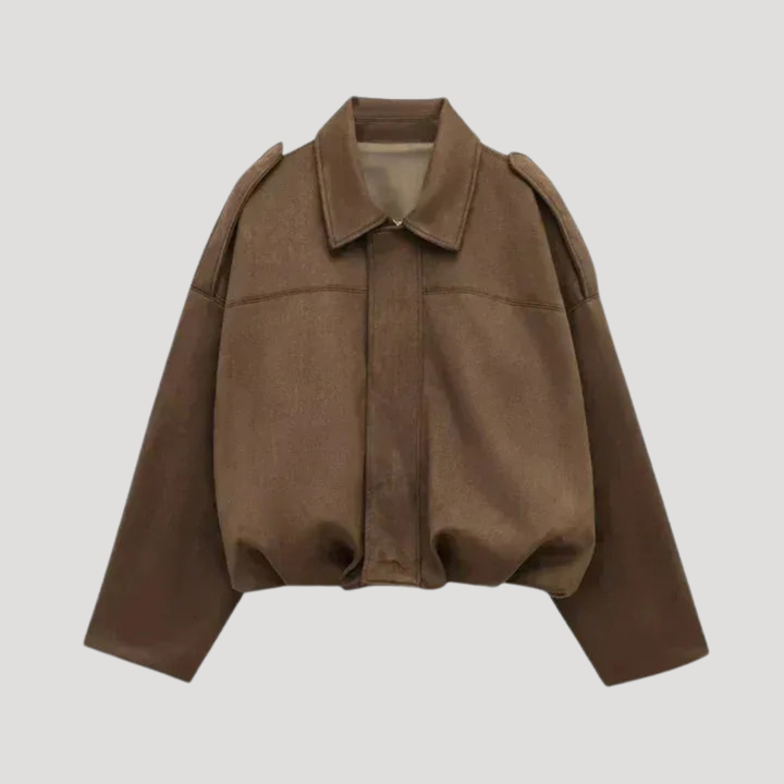 Dámska Semišová Bomber Bunda Na Zips Krátka Voľná S Golierom