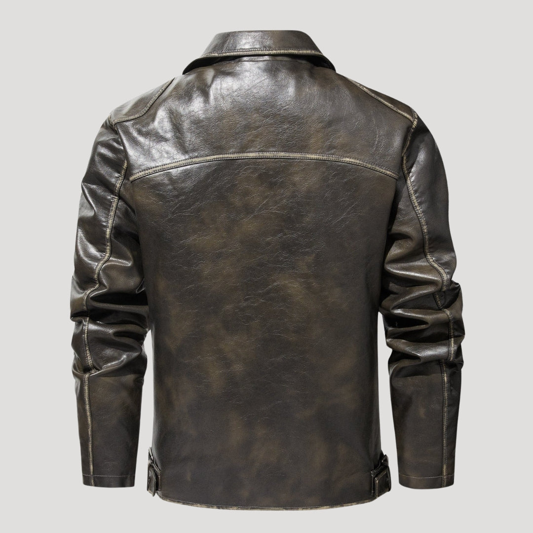 Men’s Distressed Leather Jacket With Zip Pockets And Collar