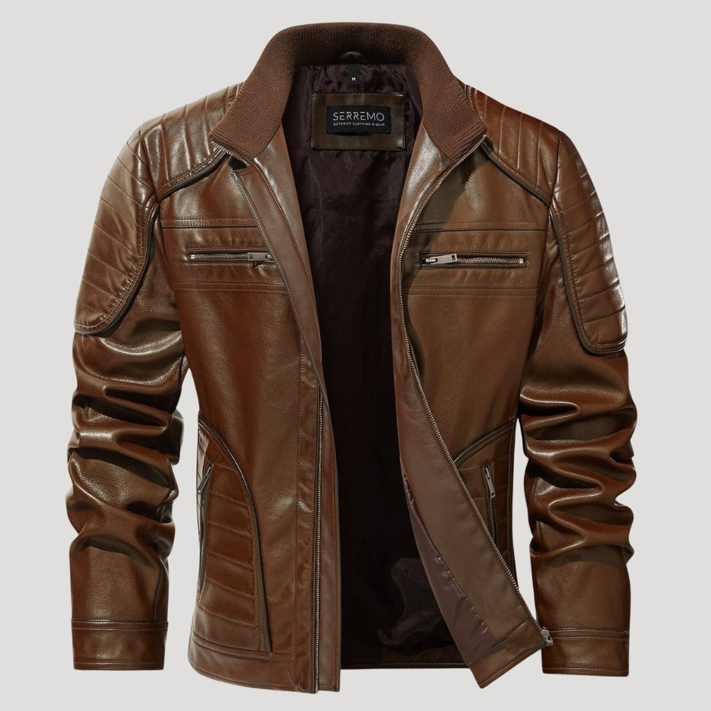 Men’s Brown Leather Cafe Racer Jacket With Quilted Shoulders