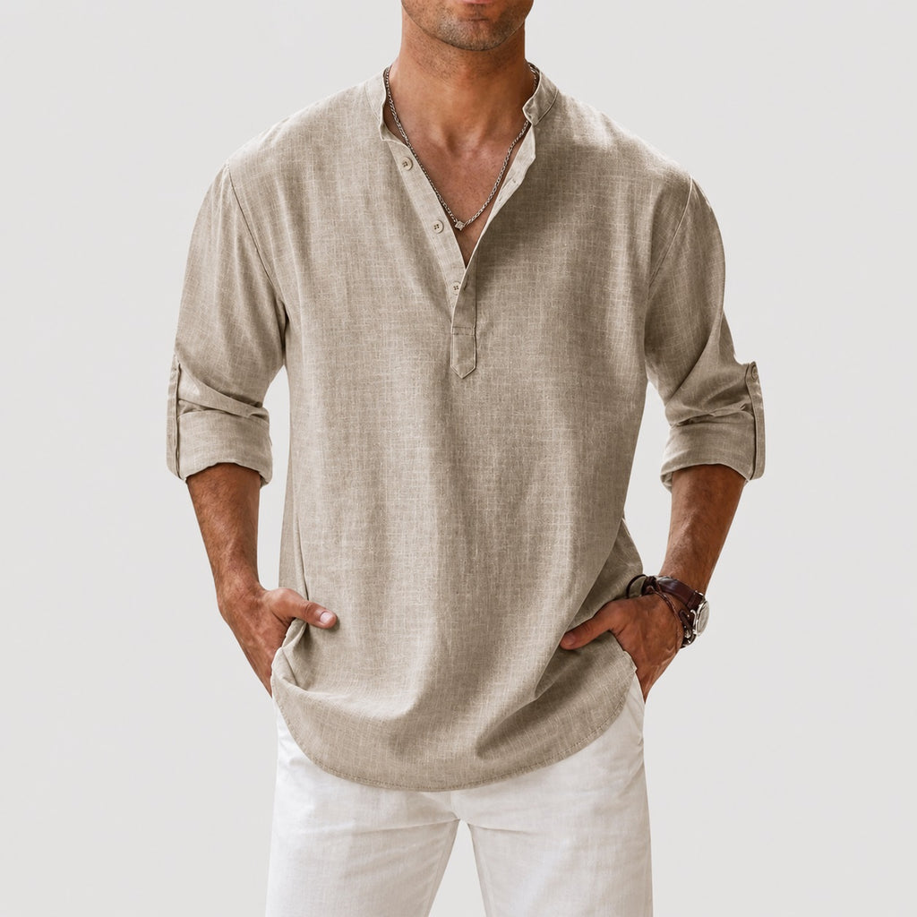 Men’s Long Sleeve Linen Shirt with Mandarin Collar Relaxed Style