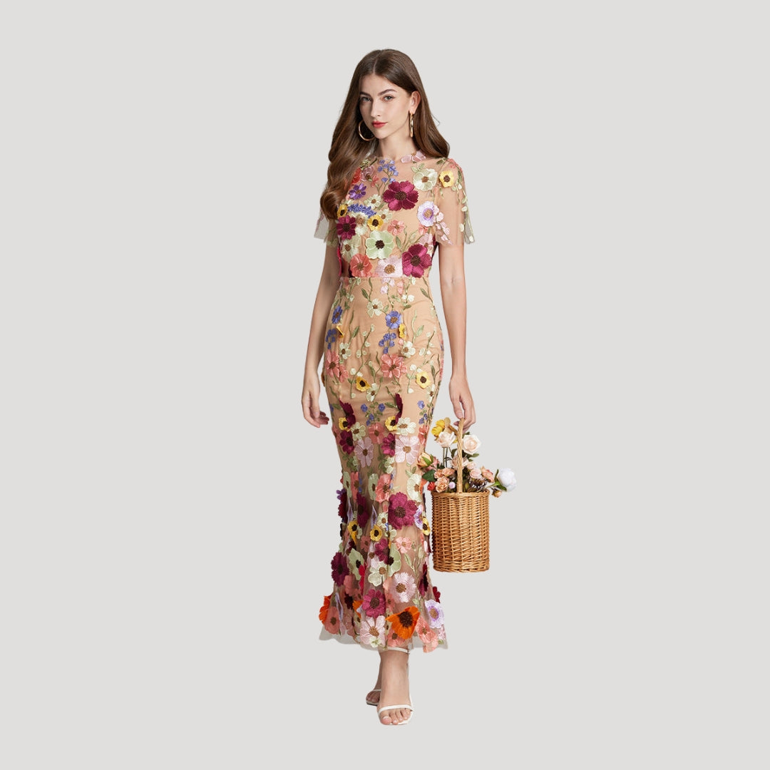 Women’s Summer Dress Floral Midi Sheer Embroidered Bodycon