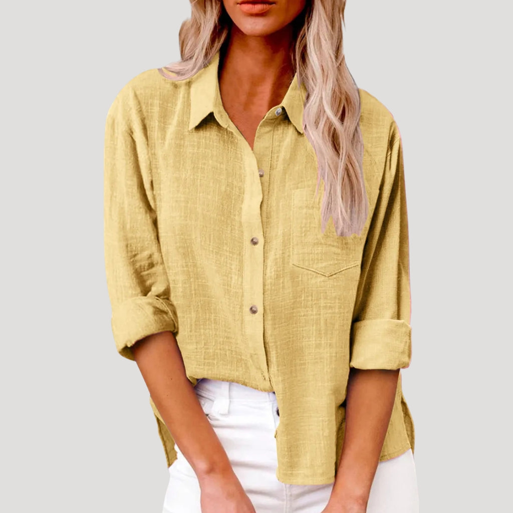 Women's Linen Shirt Long Sleeve Relaxed Fit Pocket Summer Casual