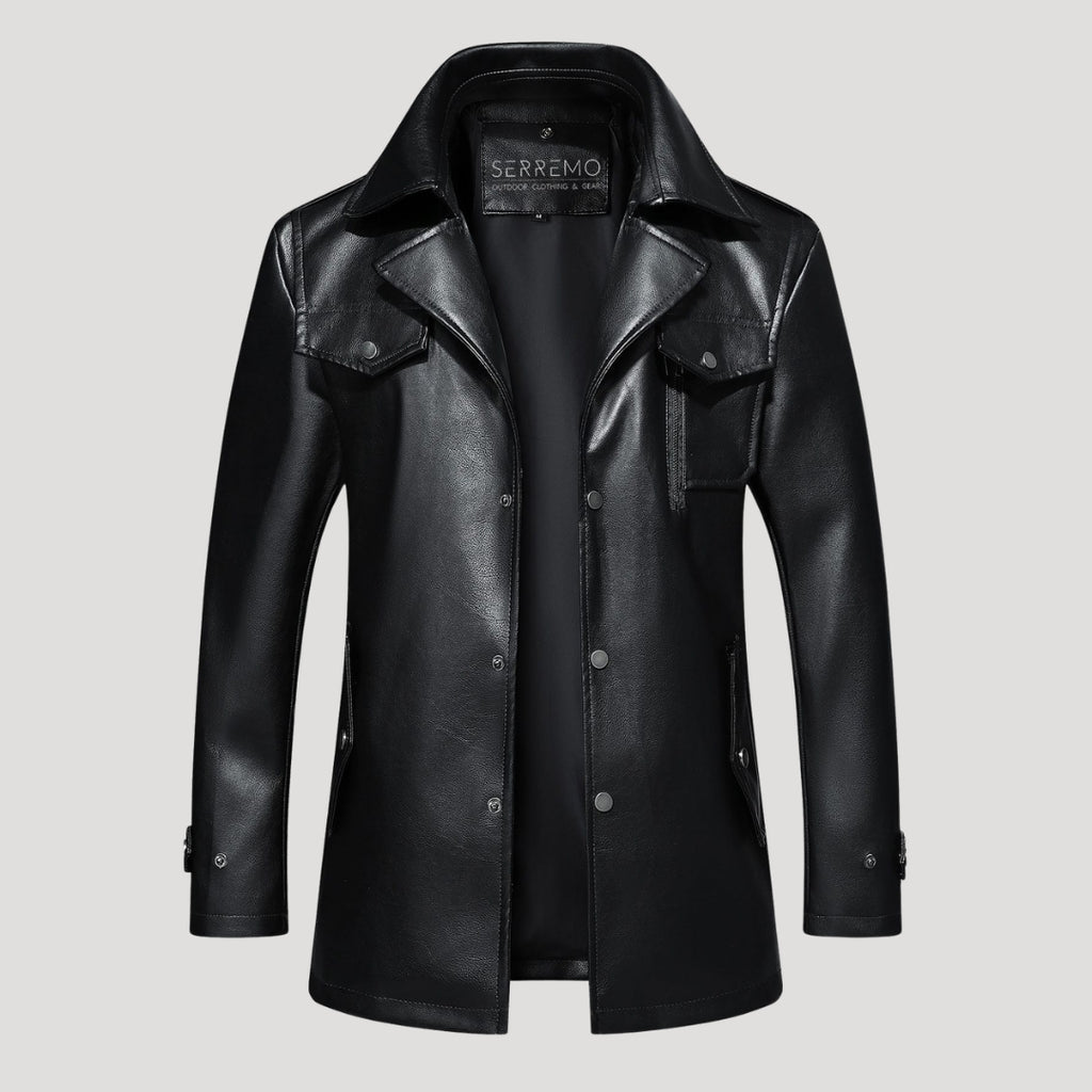 Men’s Leather Longline Jacket Snap Front Collared Outerwear