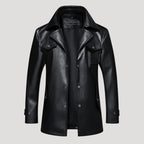 Men’s Leather Longline Jacket Snap Front Collared Outerwear