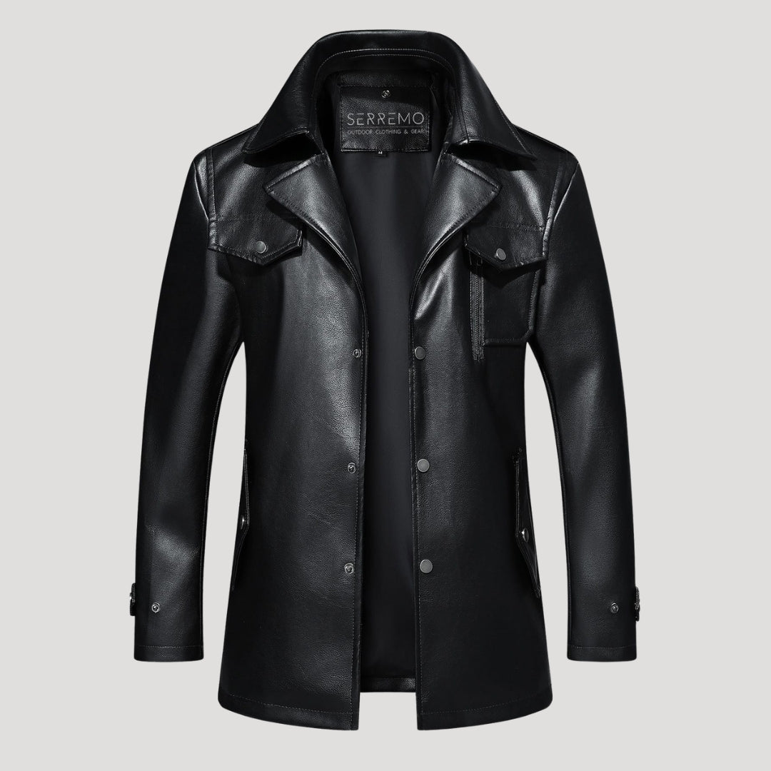 Men’s Leather Longline Jacket Snap Front Collared Outerwear