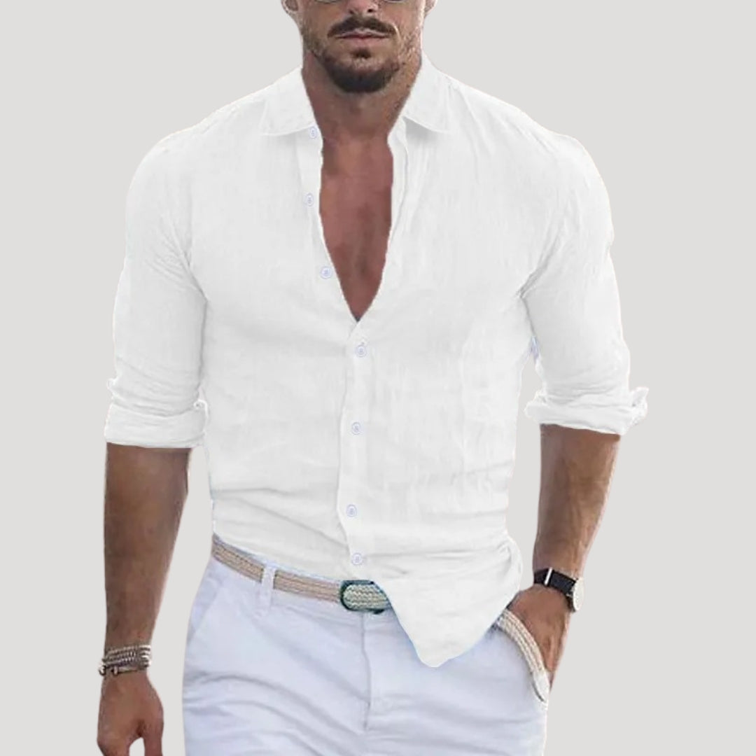 Men Linen Shirt Long Sleeve Relaxed Fit Button Up