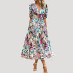 Women’s Dress Floral Midi Puff Sleeve V Neck Casual