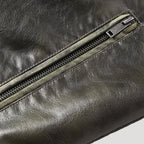 Men’s Distressed Leather Jacket With Zip Pockets And Collar