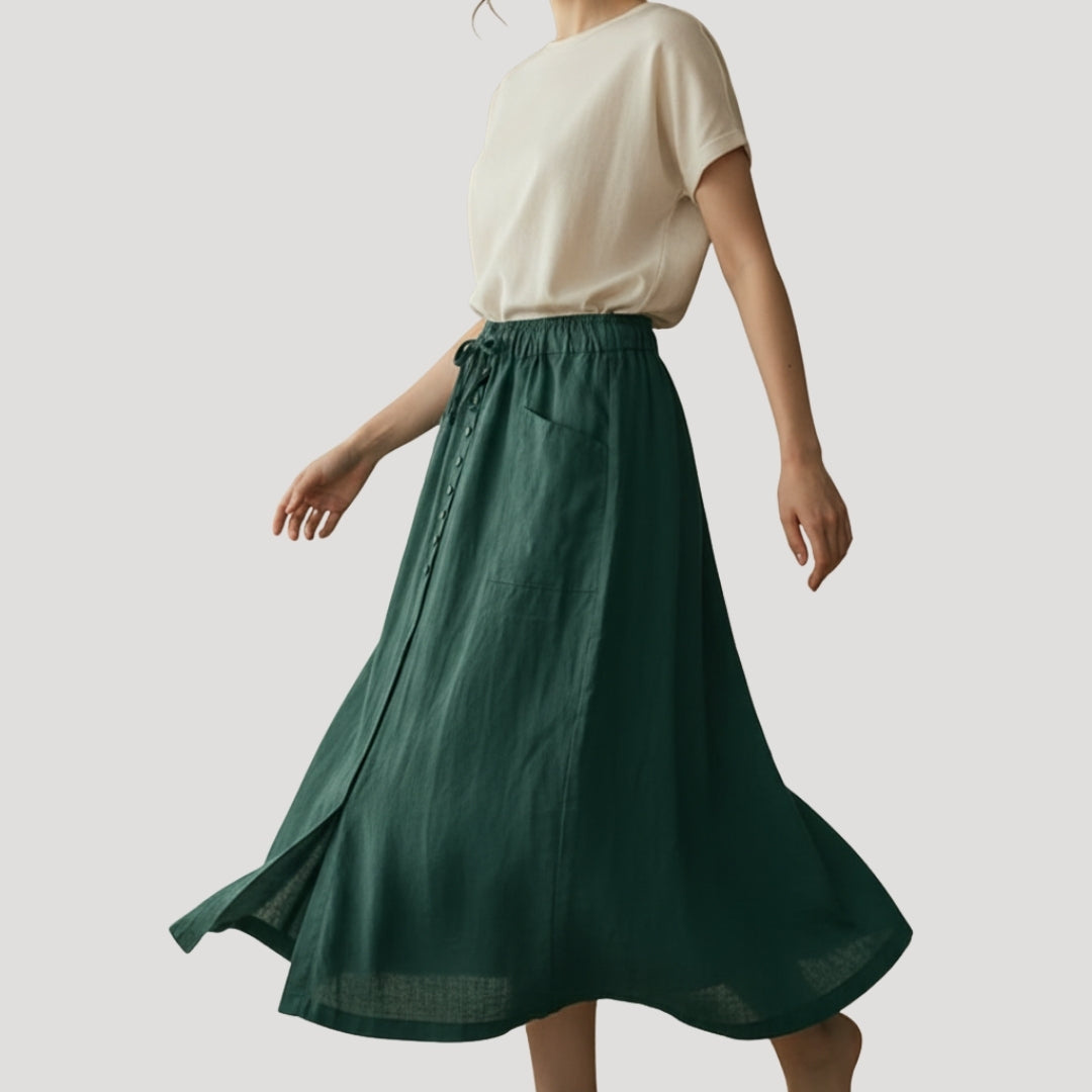 Women’s Linen Long Skirt Elastic Waist Button Front Pockets