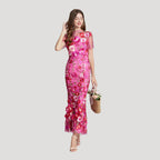 Women’s Summer Dress Floral Midi Sheer Embroidered Bodycon