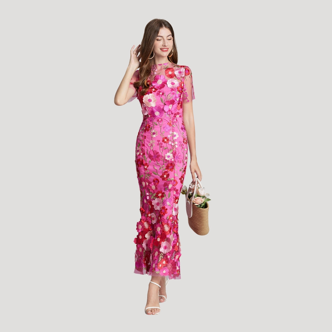 Women’s Summer Dress Floral Midi Sheer Embroidered Bodycon