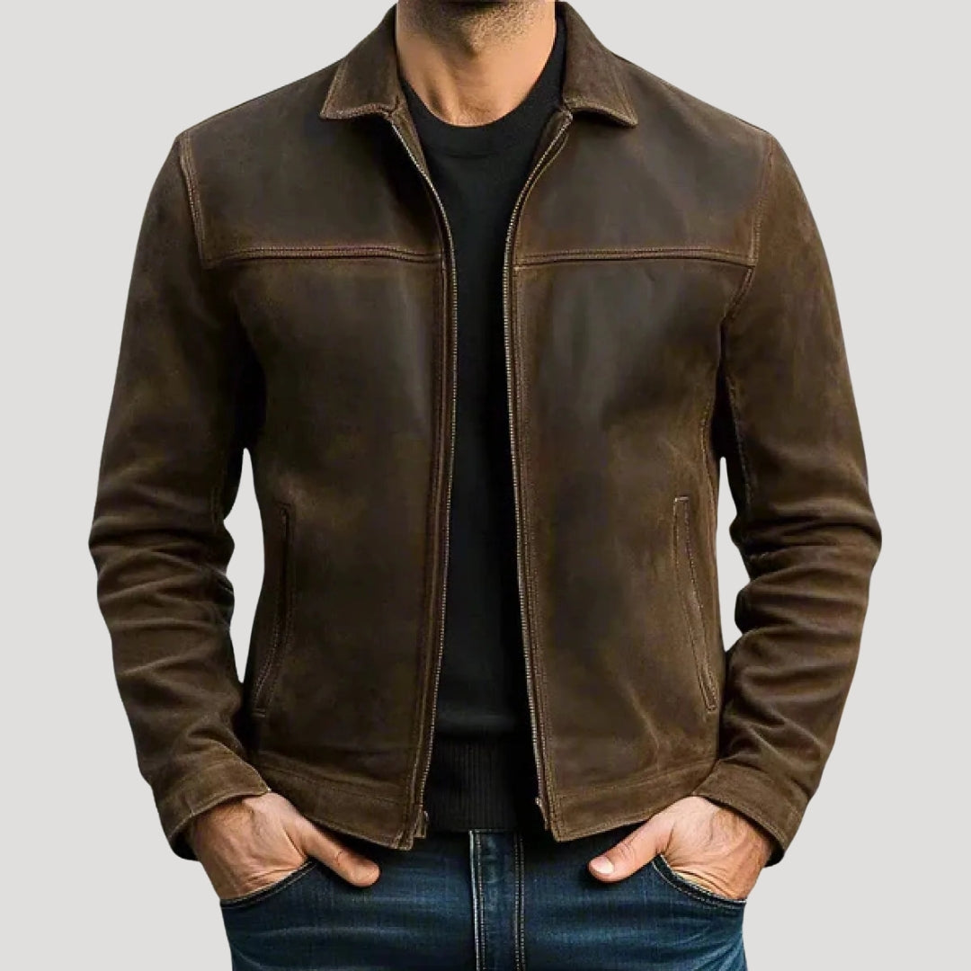 Men Leather Jacket Zip Front Straight Fit Classic Style