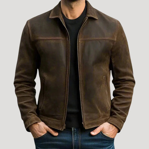 Men Leather Jacket Zip Front Straight Fit Classic Style