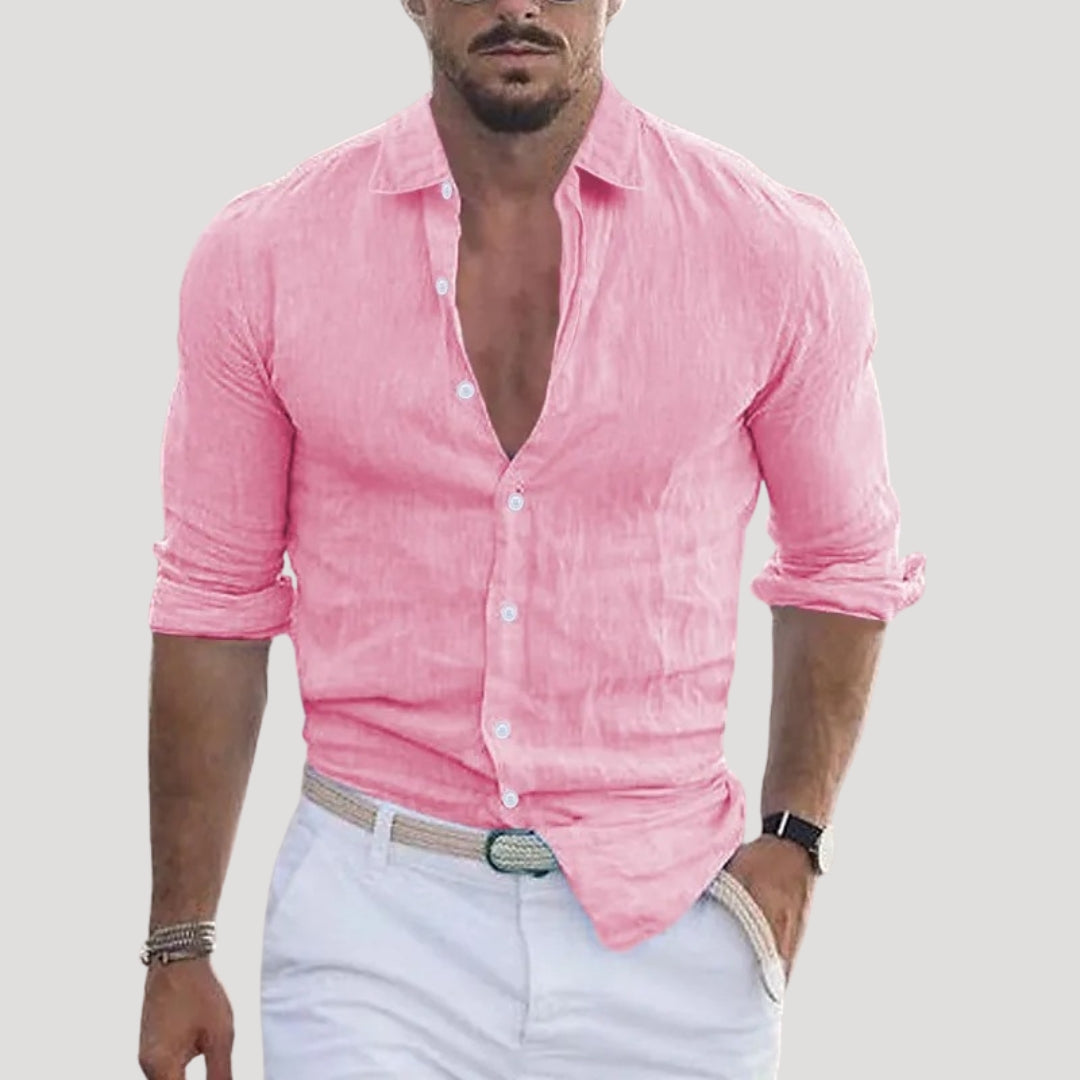 Men Linen Shirt Long Sleeve Relaxed Fit Button Up