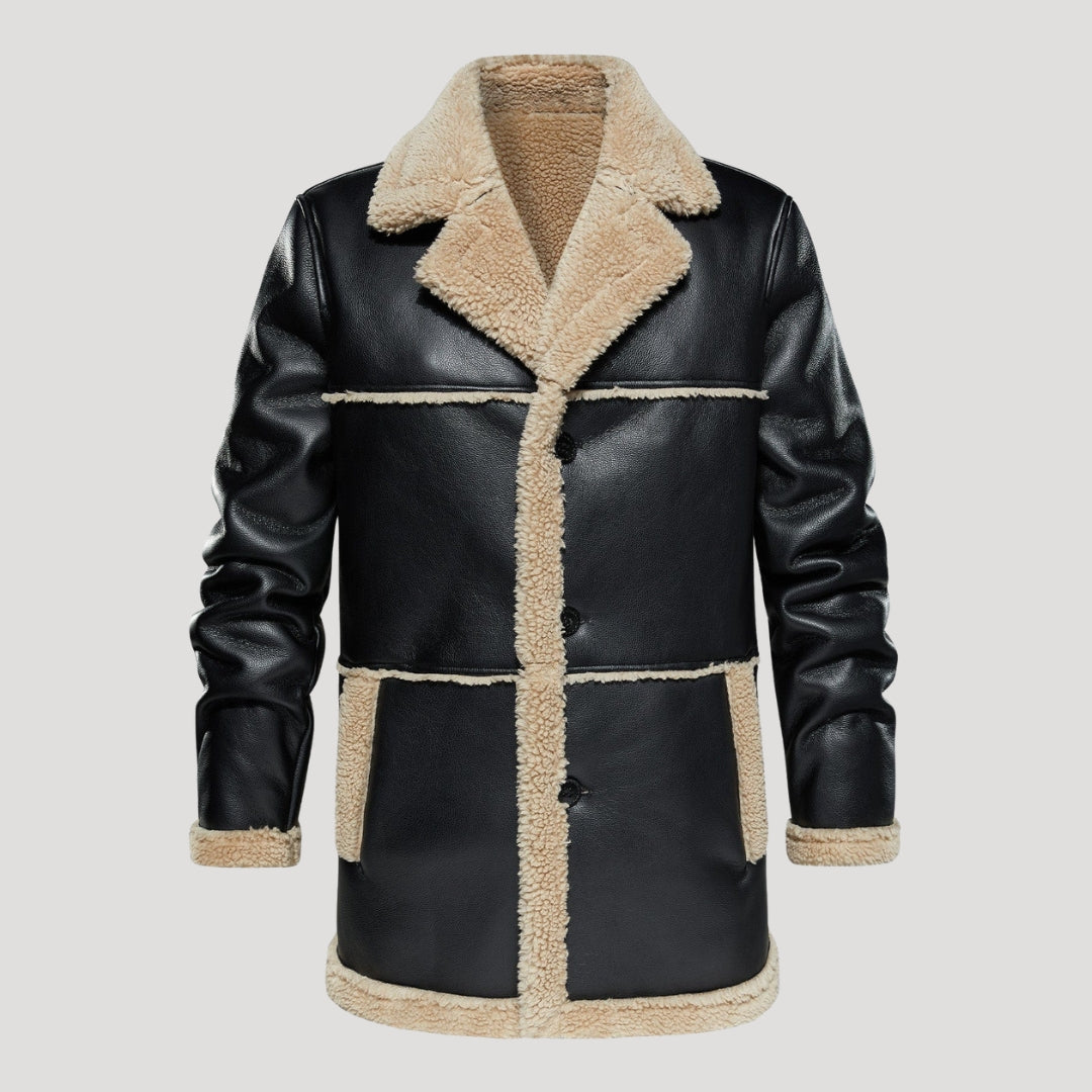 Men’s Leather Aviator Coat Sherpa Lined Button Outerwear