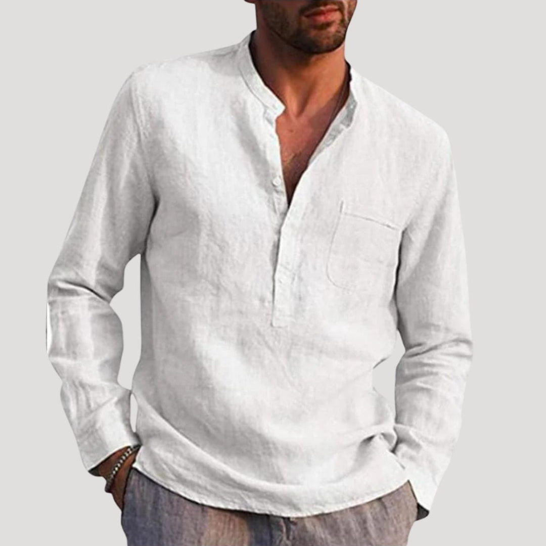 Men Linen Shirt Grandad Collar Long Sleeve Relaxed Fit
