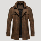 Men’s Leather Longline Jacket Snap Front Collared Outerwear