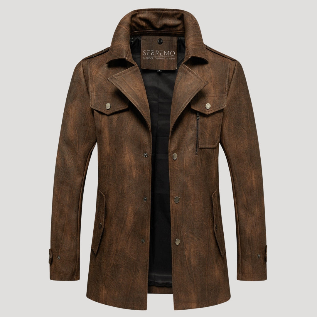Men’s Leather Longline Jacket Snap Front Collared Outerwear