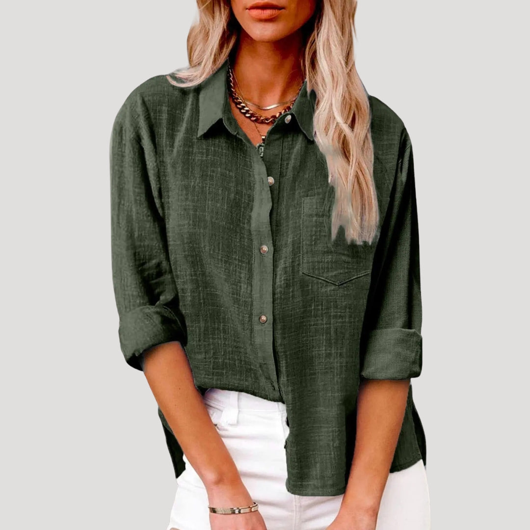 Women's Linen Shirt Long Sleeve Relaxed Fit Pocket Summer Casual