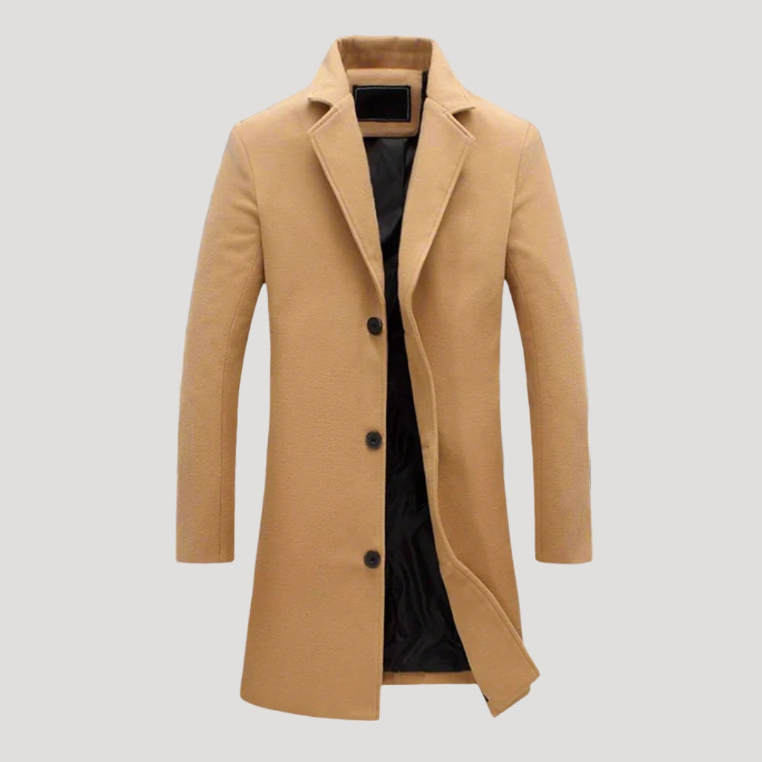 Men’s Knee Length Wool Coat Single Breasted Notch Collar