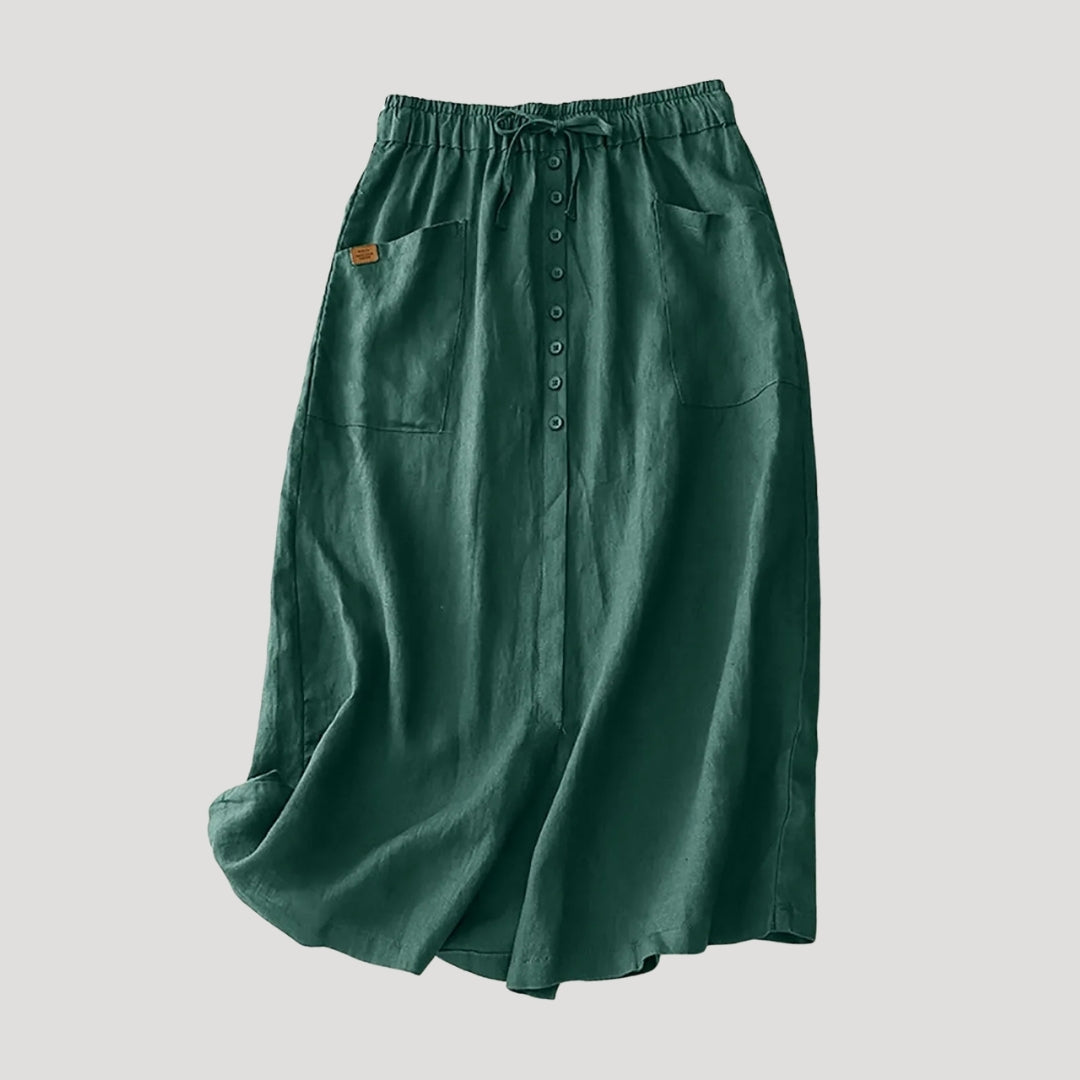 Women’s Linen Long Skirt Elastic Waist Button Front Pockets