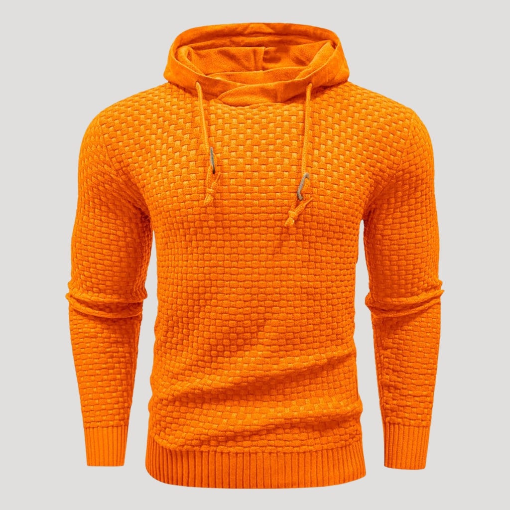 Men’s Orange Textured Knit Pullover Hooded Sweater