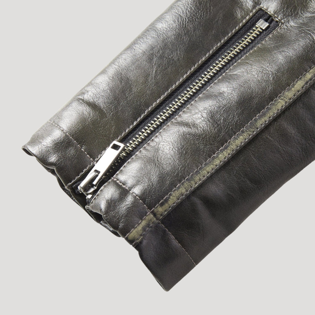 Men’s Distressed Leather Jacket With Zip Pockets And Collar