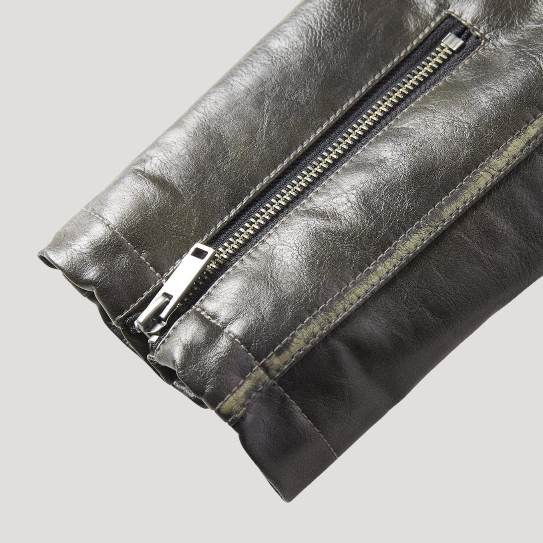 Men’s Distressed Leather Jacket With Zip Pockets And Collar
