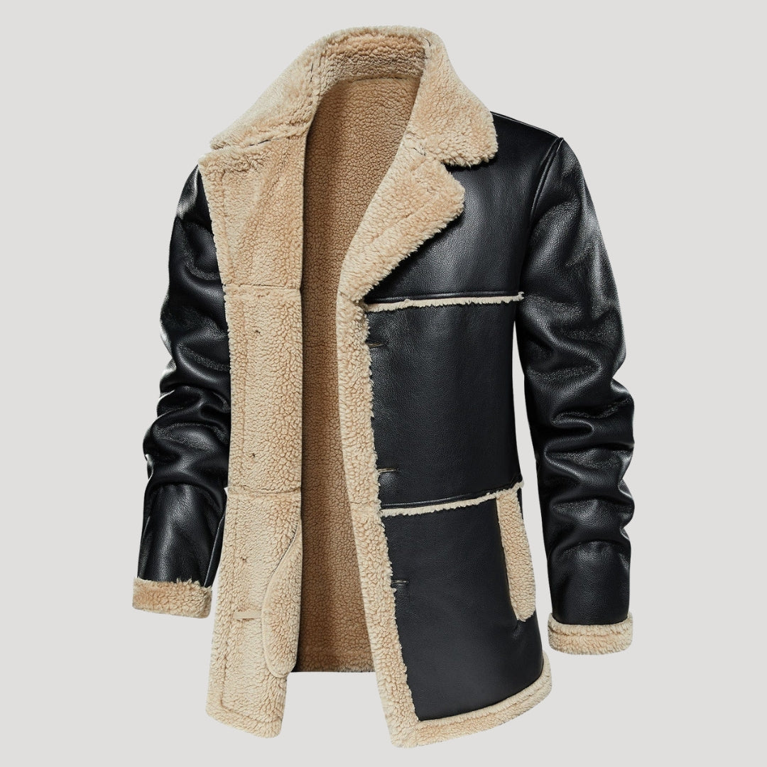 Men’s Leather Aviator Coat Sherpa Lined Button Outerwear