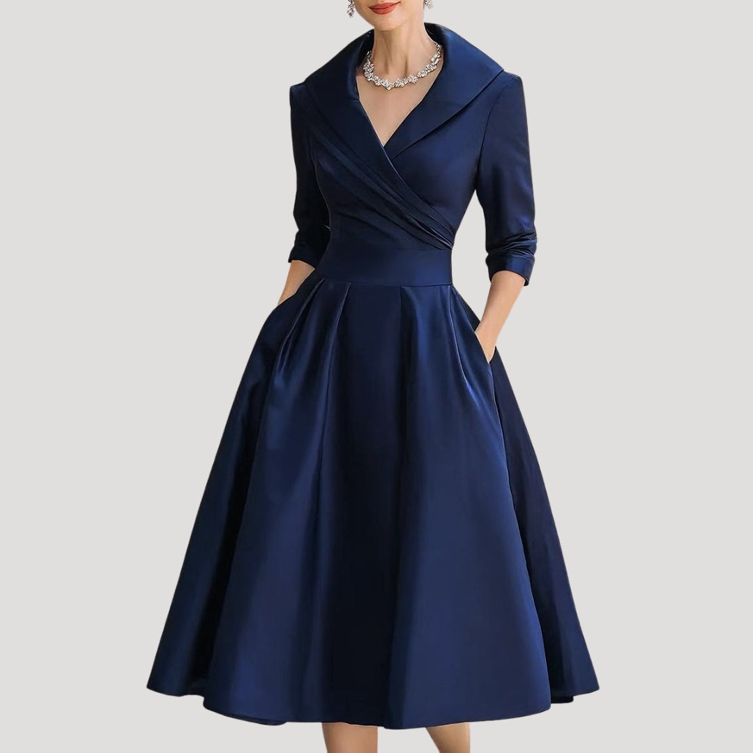 Women Wrap Midi Dress V Neck Elegant Fit Flared Skirt