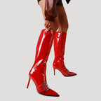 Women’s Knee High Boots High Heel Pointed Toe Buckle Zip