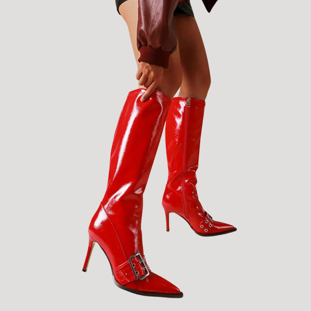 Women’s Knee High Boots High Heel Pointed Toe Buckle Zip