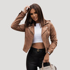 Women’s Cropped Suede Look Biker Jacket Casual Outerwear