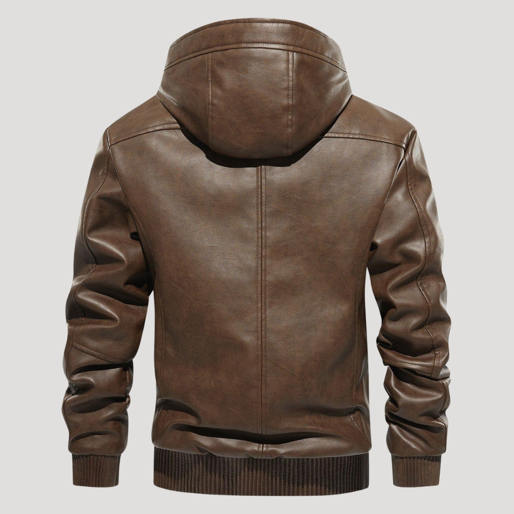 Men’s Hooded Leather Bomber Jacket With Fleece Lining