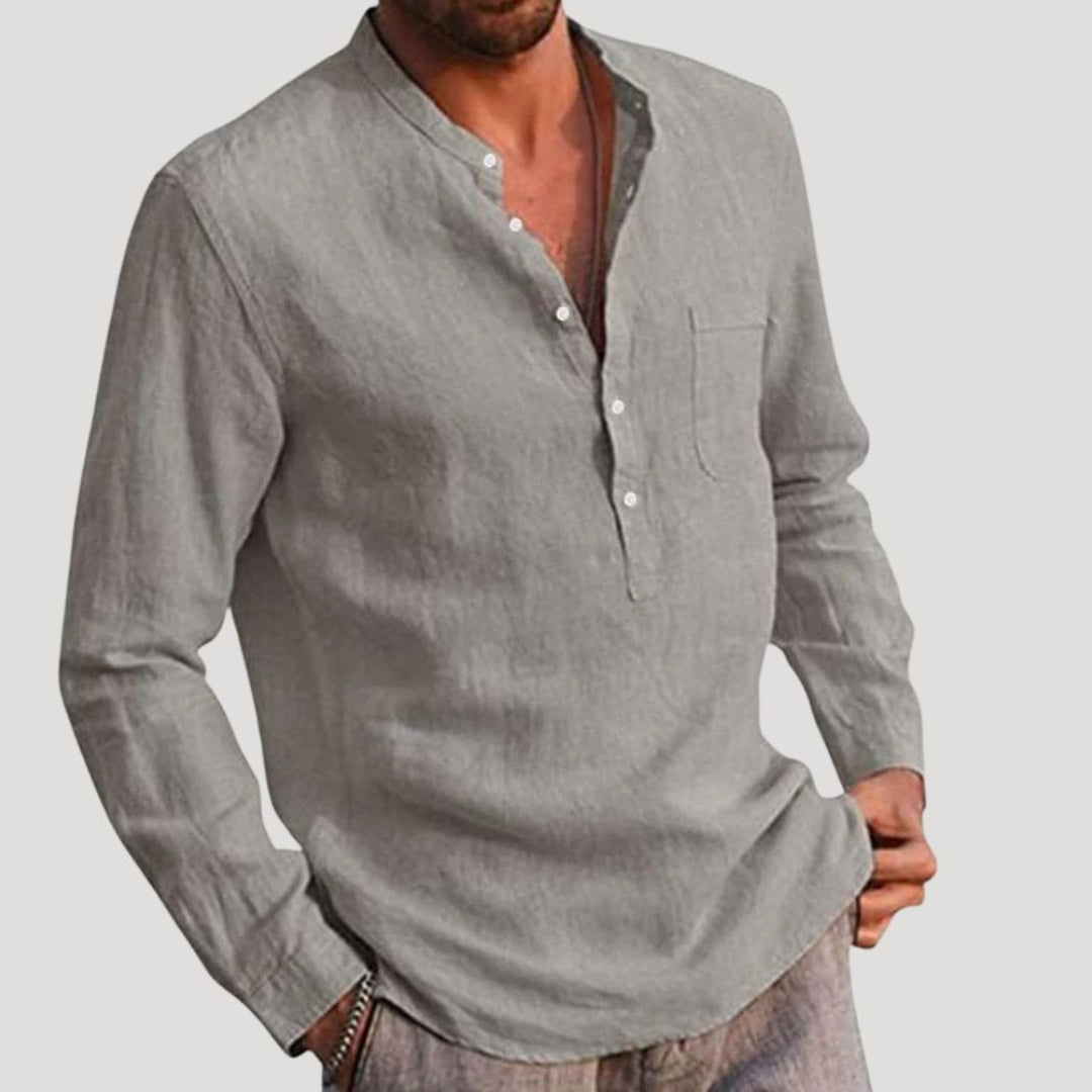 Men Linen Shirt Grandad Collar Long Sleeve Relaxed Fit