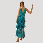 Women’s Summer Dress Floral Maxi Ruffle Tiered V Neck