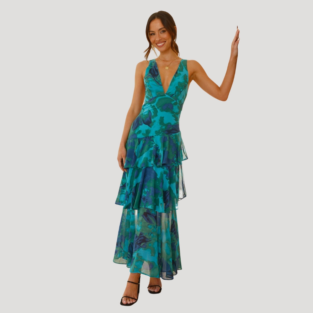 Women’s Summer Dress Floral Maxi Ruffle Tiered V Neck