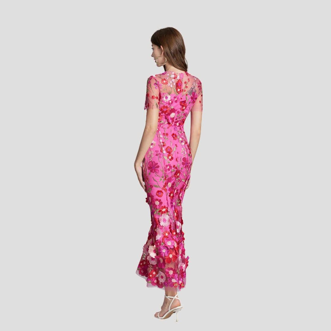 Women’s Summer Dress Floral Midi Sheer Embroidered Bodycon