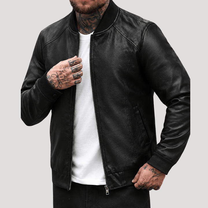 Pánska Čierna Kožená Bomber Bunda Na Zips