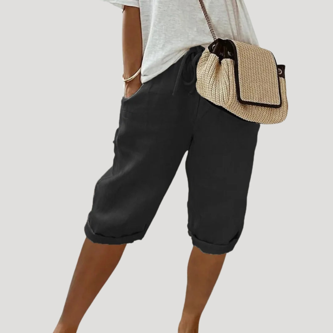 Women Linen Capri Trousers Elastic Waist Relaxed Fit