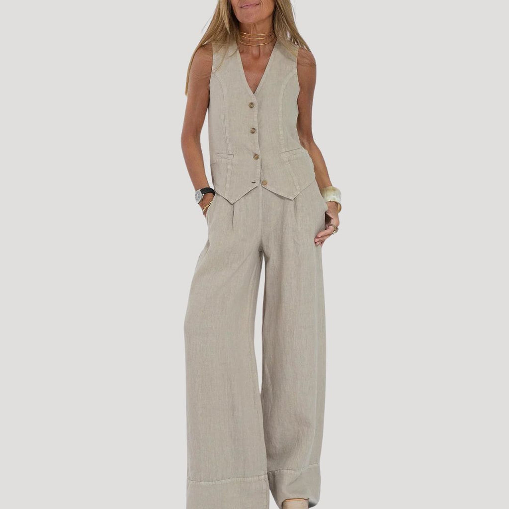 Women’s Linen Pants Set Sleeveless Vest Wide Leg Trousers