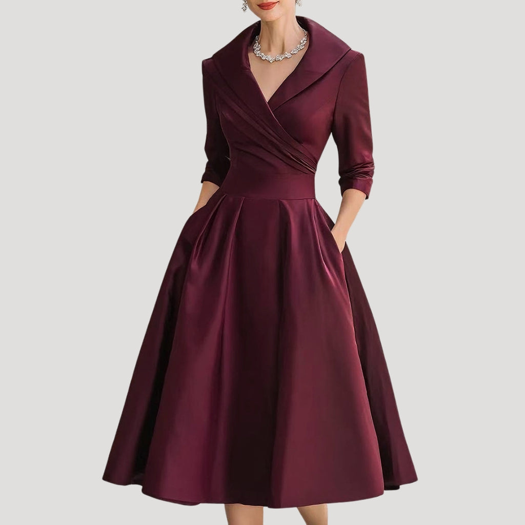 Women Wrap Midi Dress V Neck Elegant Fit Flared Skirt