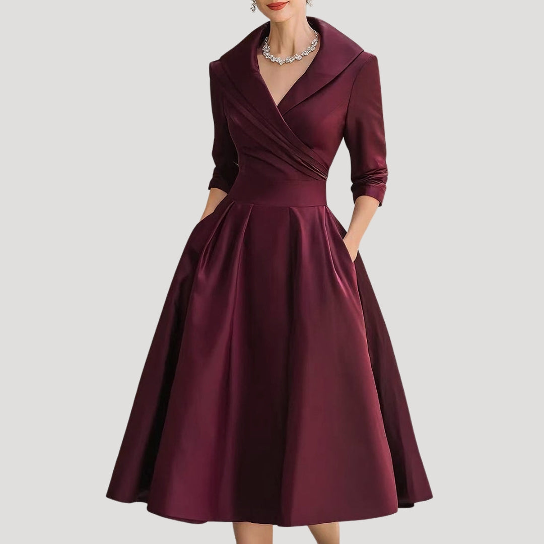 Women Wrap Midi Dress V Neck Elegant Fit Flared Skirt