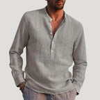 Men Linen Shirt Grandad Collar Long Sleeve Relaxed Fit