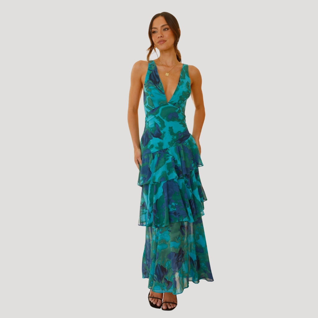 Women’s Summer Dress Floral Maxi Ruffle Tiered V Neck
