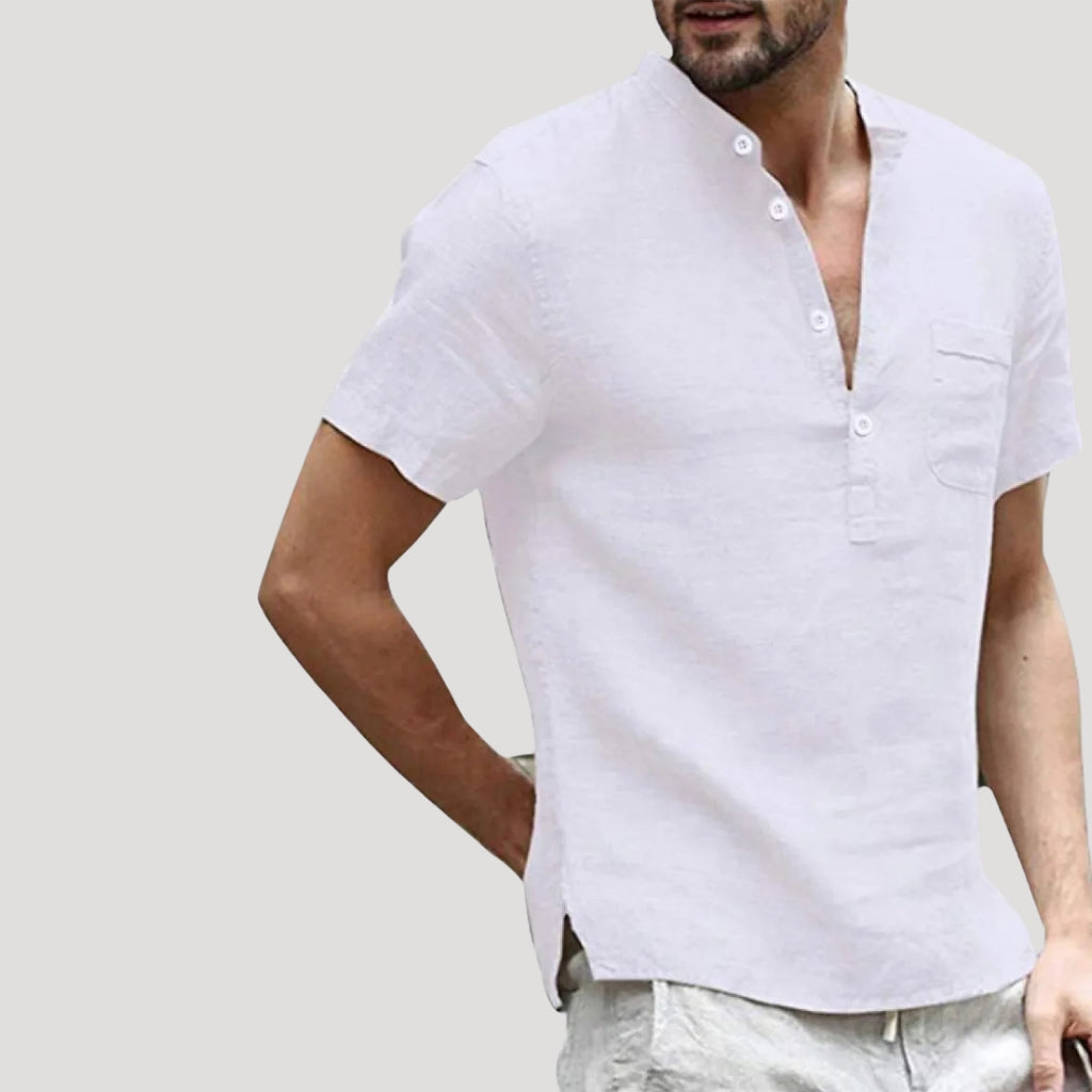 Men’s Linen Style Short Sleeve Shirt V Neck Casual Top