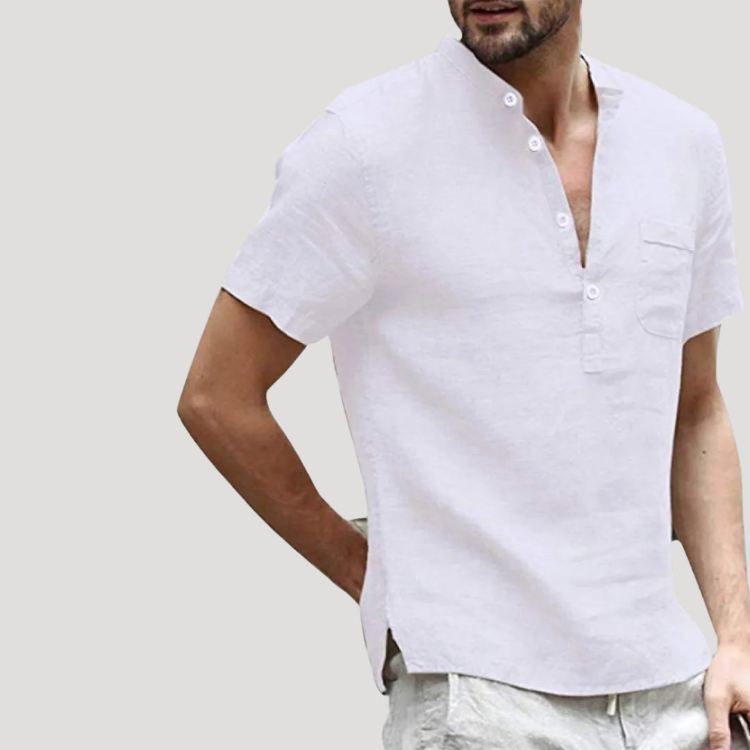 Men’s Linen Style Short Sleeve Shirt V Neck Casual Top