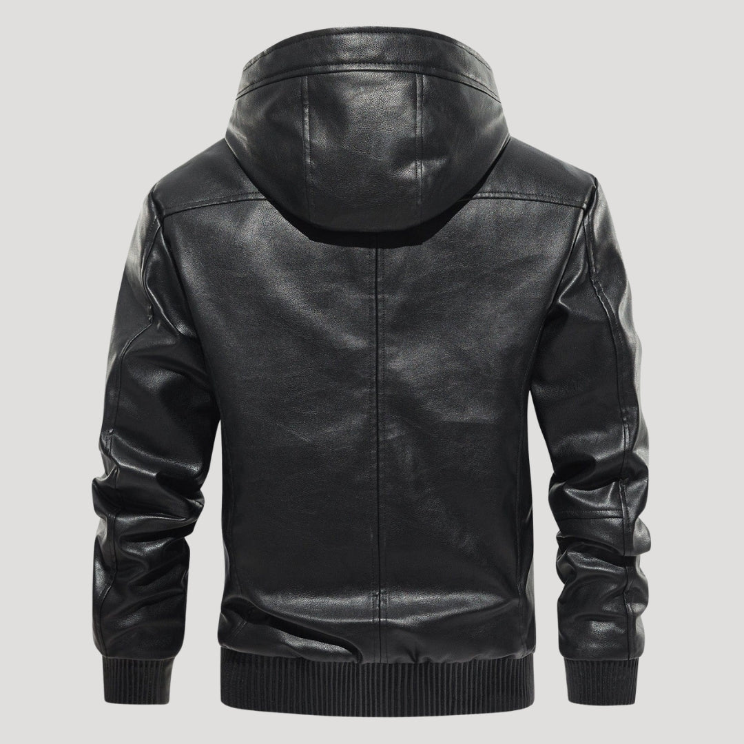 Men’s Hooded Leather Bomber Jacket With Fleece Lining